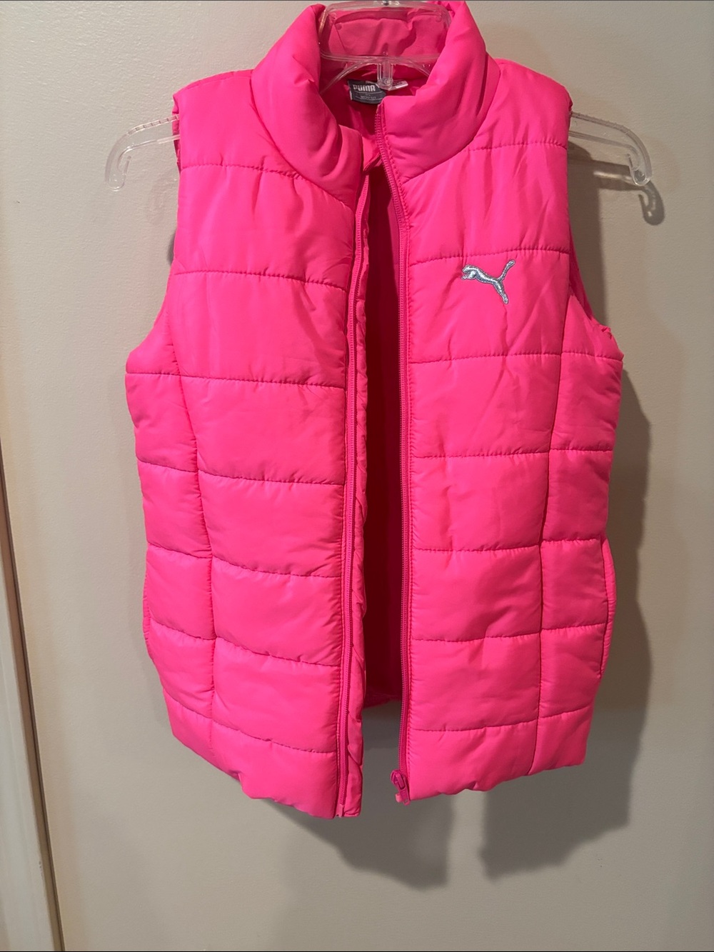 Puma Neon Pink Quilted Kids Puffer Vest, M 10/12 girls, pockets, full zip, warm